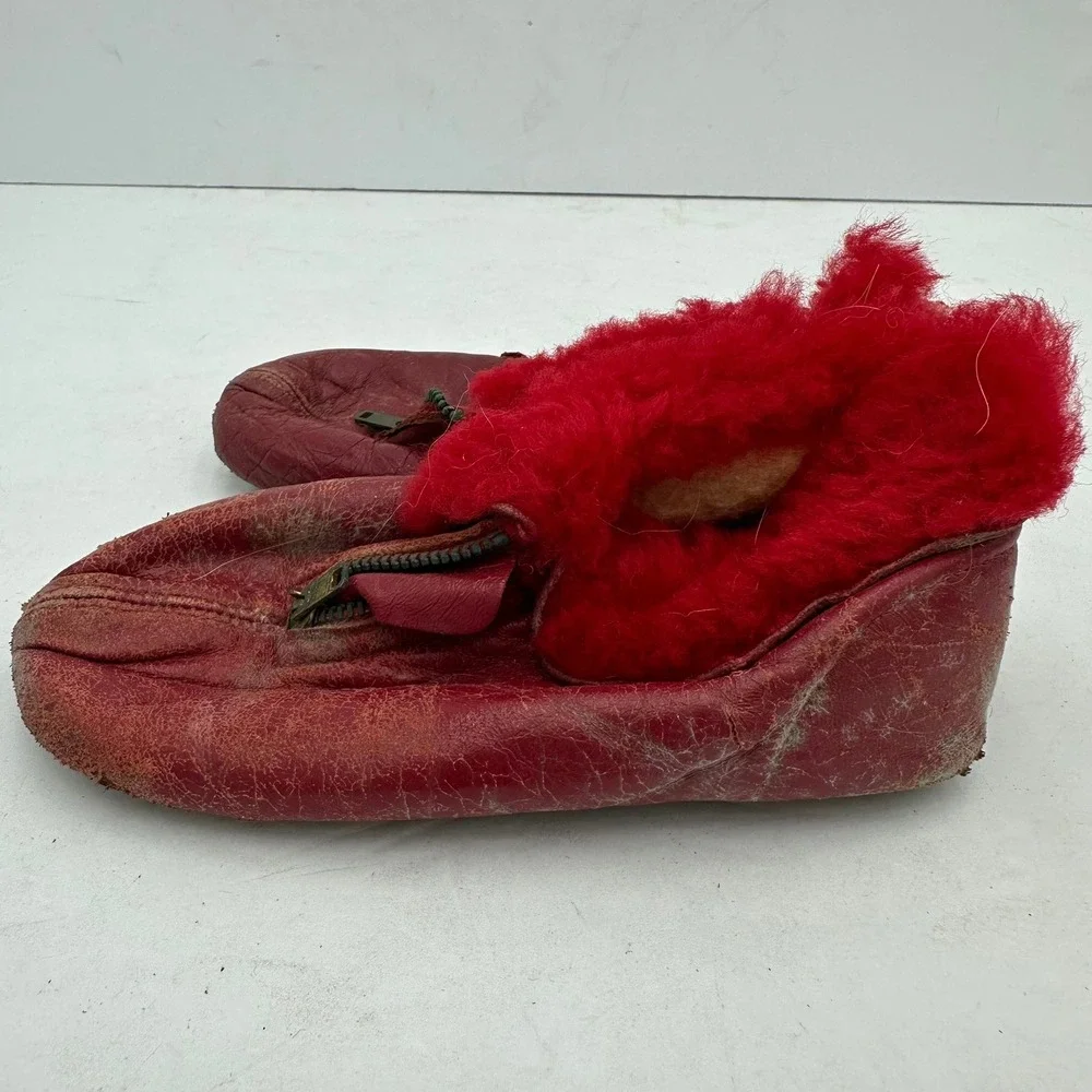 Vintage Kids Red Leather‎ Shearling Lined Zip Up Bootie Slippers Fur Trim Fair